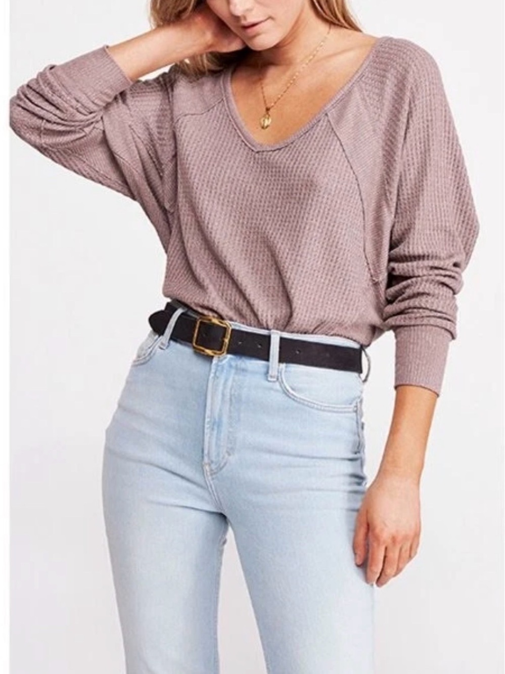 We The Free Mauve Waffle-Knit Long Sleeve Tee